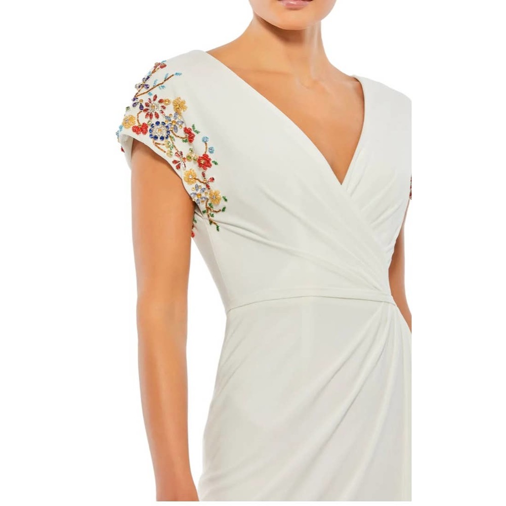 Mac Duggal Embelished Sleeve Jersey Wrap Gown White Size 10 - Picture 2 of 9